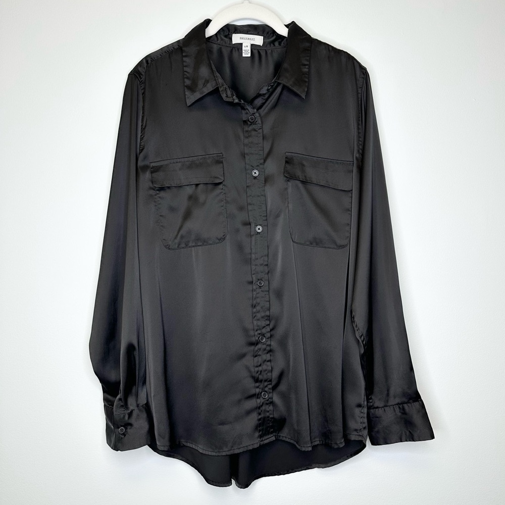 Equipment Black Satin Classic Signature Button Down Top Women’s Large